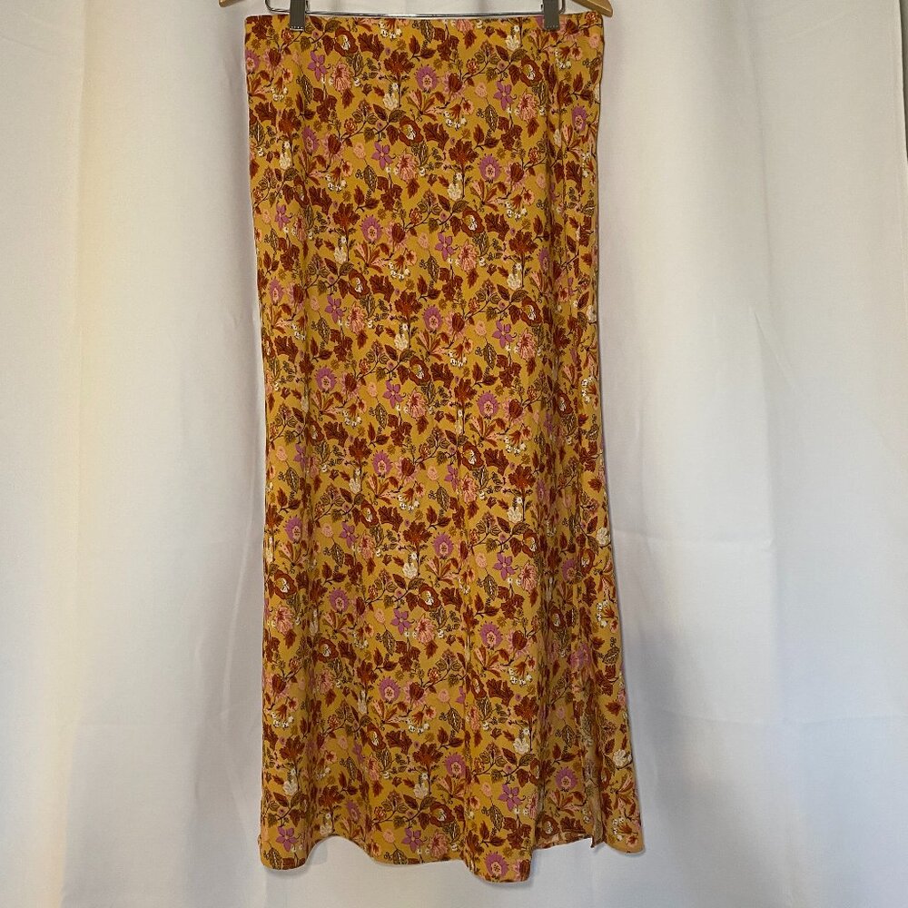 Loft Orange Leaf Pull-On Maxi Skirt Womens L Fall Autumn Side Slit Career EUC